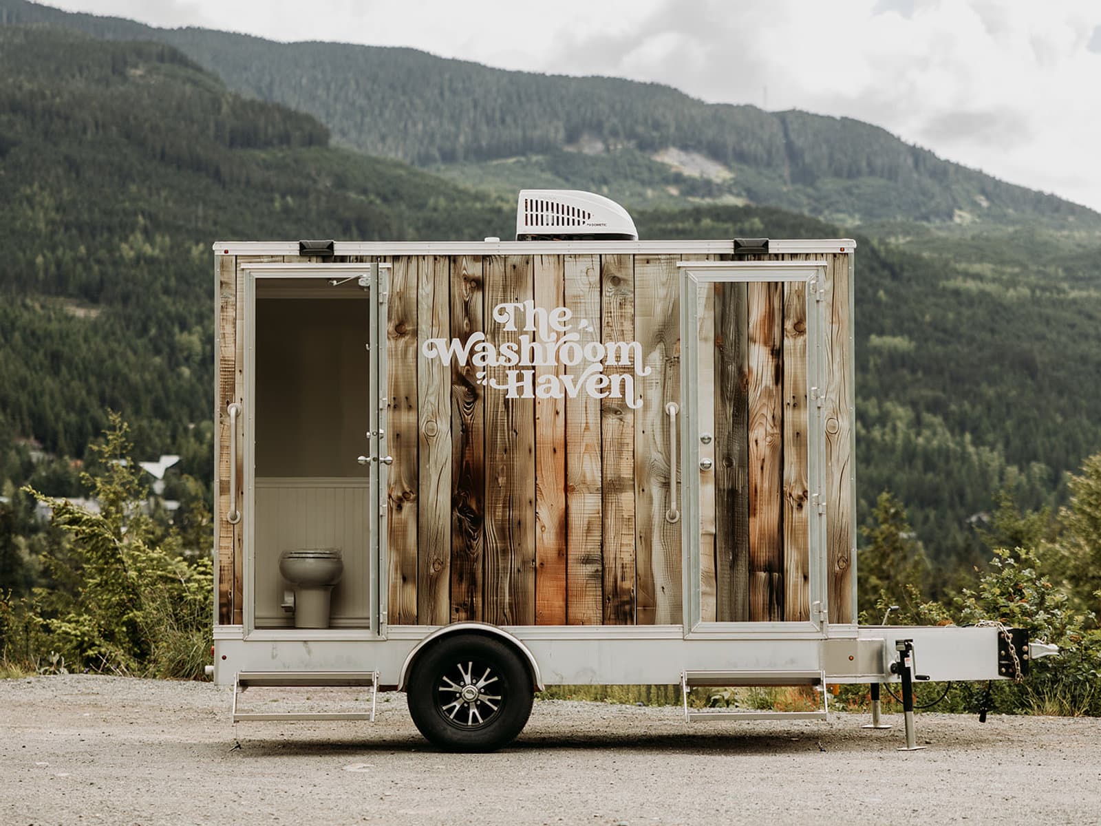 The 2-Stall trailer open in the Sea to Sky mountains